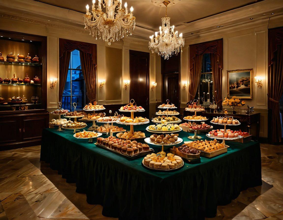 A lavish pastry showcase filled with exquisitely decorated cakes, tarts, and pastries artfully arranged on elegant platters. In the backdrop, a selection of fine wines presented in beautiful glassware, with soft lighting enhancing the richness of the display. The setting is reminiscent of a culinary exhibit, with a touch of artistry and sophistication. The atmosphere should evoke indulgence and creativity. super-realistic. vibrant colors. warm lighting.