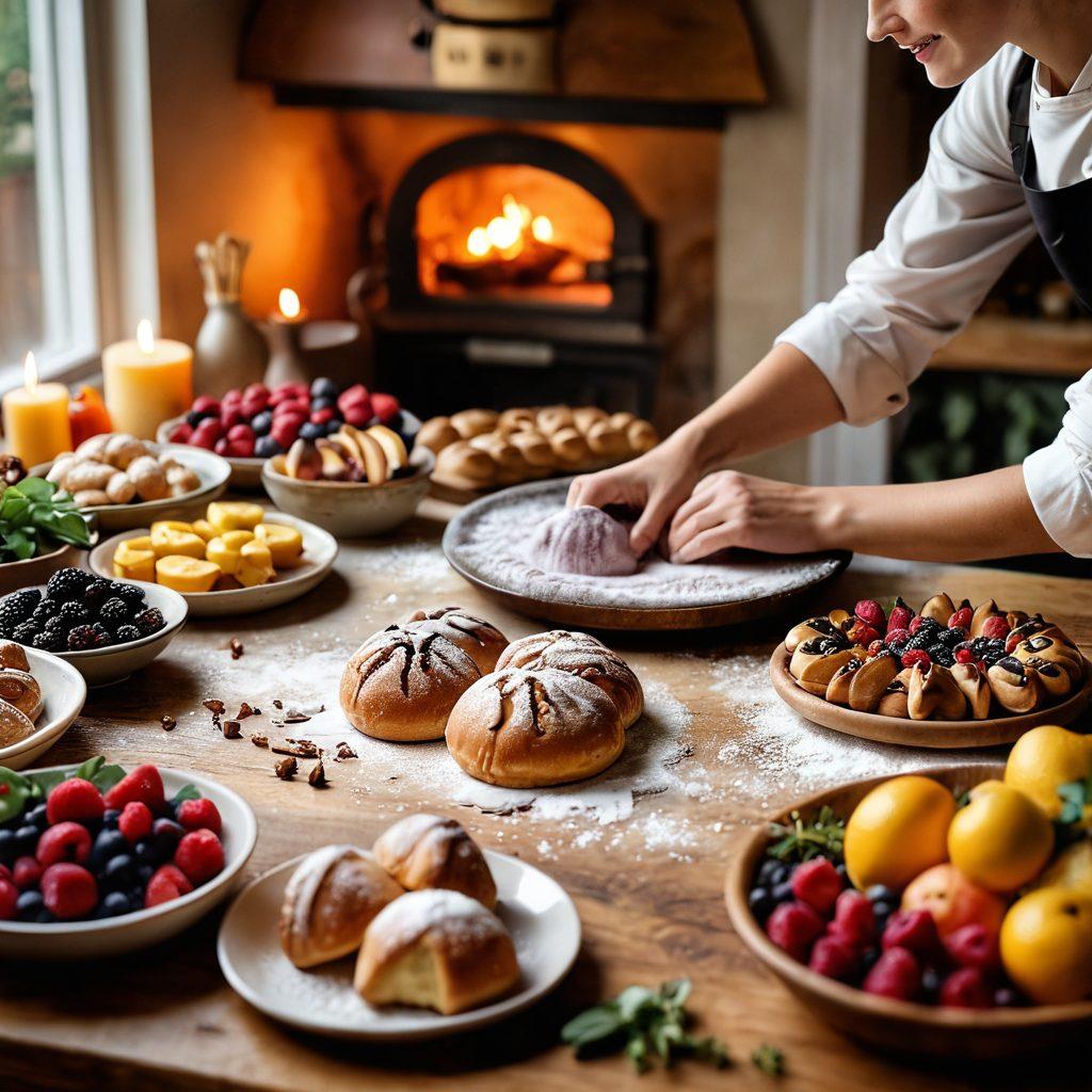 A cozy kitchen with a wooden table covered in flour, showcasing an array of colorful pastries and baked goods, with hands shaping dough in the foreground and a warm glow from the oven in the background. A variety of fruits, herbs, and spices are artfully arranged to suggest delightful pairings. The scene embodies a joyful and inviting atmosphere, perfect for aspiring bakers. soft focus. warm colors. 3D.