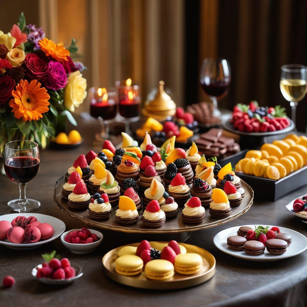 A beautifully arranged dessert table featuring an array of decadent desserts like chocolate mousse, fruit tarts, and macarons paired with elegant wine glasses. The scene captures a vibrant culinary showcase ambiance with chefs in the background presenting their creations. Decorative elements like fresh fruit, chocolate drizzle, and floral accents add to the richness of the image. Warm lighting enhances the inviting atmosphere. super-realistic. vibrant colors. 3D.